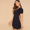 Women Cherry Print Short Puff Sleeve Open Back Bohemian Mini Dress - Image 3