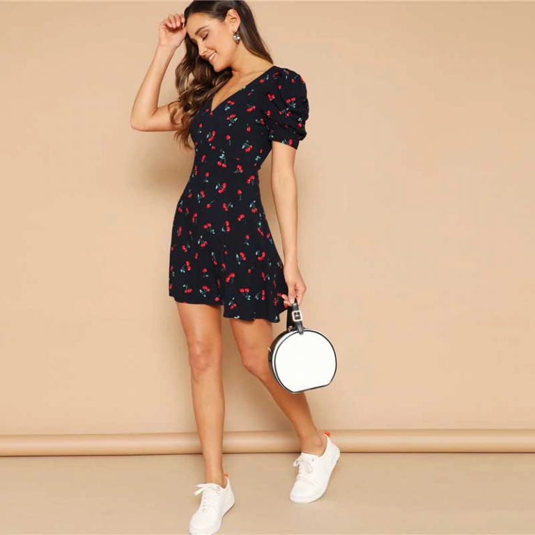 Women Cherry Print Short Puff Sleeve Open Back Bohemian Mini Dress - Image 4