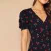 Women Cherry Print Short Puff Sleeve Open Back Bohemian Mini Dress - Image 5