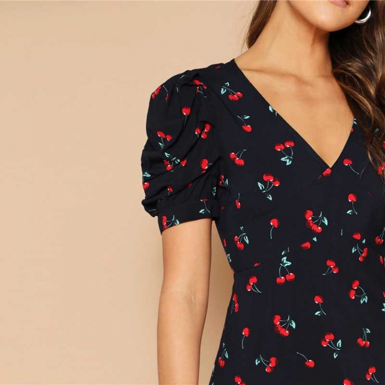 Women Cherry Print Short Puff Sleeve Open Back Bohemian Mini Dress - Image 5
