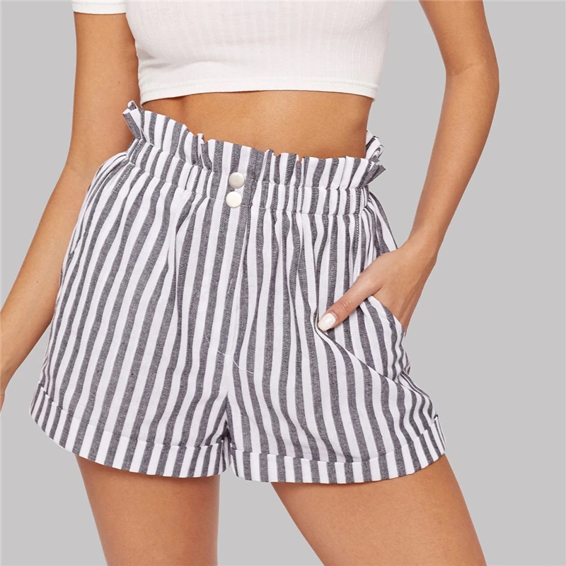 Women Elegant Boho Ruffle Elastic Waist Slant Pocket Striped Shorts - Image 2