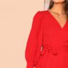 Women Frilled Bishop Sleeve Belted V Neck Short A Line Dress - Image 5
