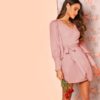 Women Frilled Bishop Sleeve Belted V Neck Short A Line Dress - Image 6