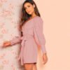 Women Frilled Bishop Sleeve Belted V Neck Short A Line Dress - Image 7
