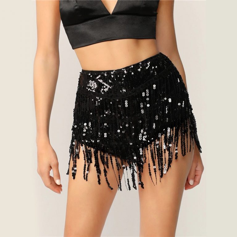 Women Glamorous Exposed Zip Back Fringe Sequin High Waist Shorts