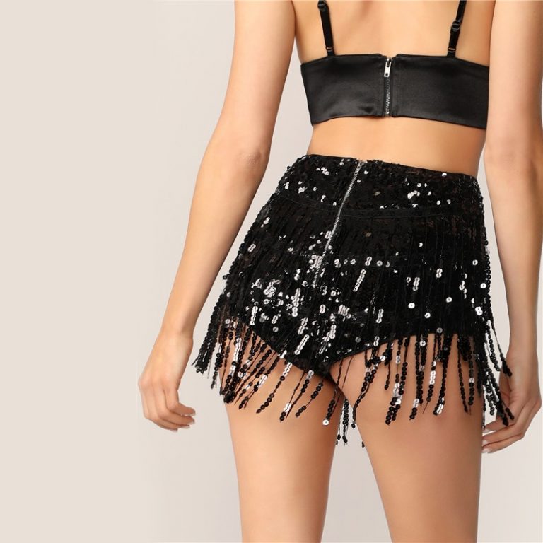 Women Glamorous Exposed Zip Back Fringe Sequin High Waist Shorts - Image 3