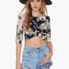 Women Half Sleeves Floral Print Zipper Crop Top