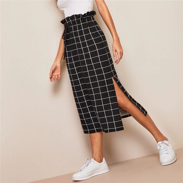 Women High Waist Drawstring Skirt Basic Black Plaid Shift Skirt