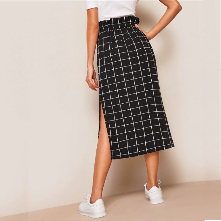 Women High Waist Drawstring Skirt Basic Black Plaid Shift Skirt - Image 2