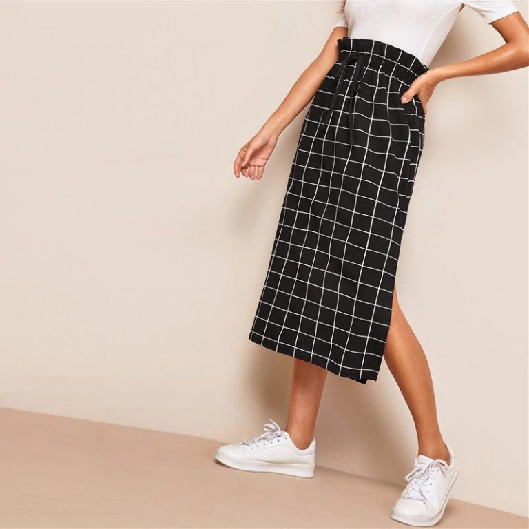 Women High Waist Drawstring Skirt Basic Black Plaid Shift Skirt - Image 3