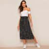 Women High Waist Drawstring Skirt Basic Black Plaid Shift Skirt - Image 4