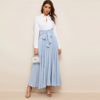 Women High Waist Elegant Blue Solid Zipper Belt A Line Skirt - Image 4