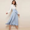 Women High Waist Elegant Blue Solid Zipper Belt A Line Skirt - Image 5