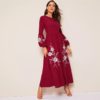 Women High Waist Lantern Sleeve Floral Embroidered Dress