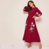Women High Waist Lantern Sleeve Floral Embroidered Dress - Image 3