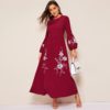 Women High Waist Lantern Sleeve Floral Embroidered Dress - Image 4