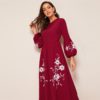 Women High Waist Lantern Sleeve Floral Embroidered Dress - Image 5