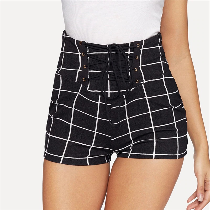 Women Lace Up Front Plaid Skinny Sexy and Club Shorts