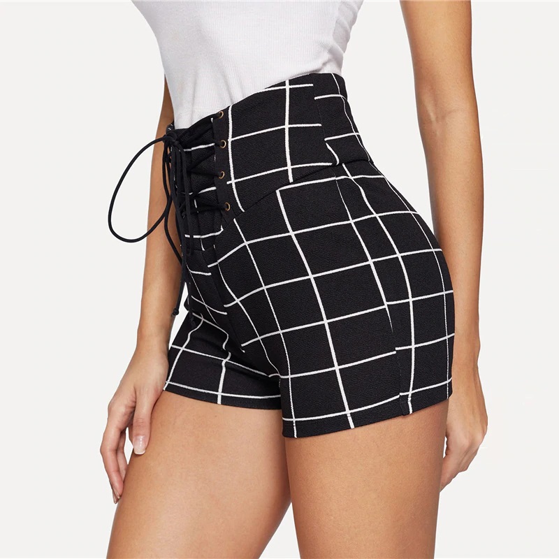 Women Lace Up Front Plaid Skinny Sexy and Club Shorts - Image 2