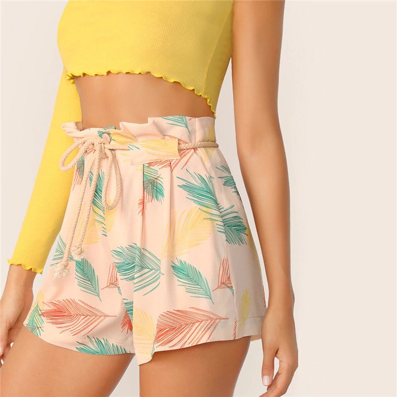 Women Leaves Print Paperbag Waist Shorts