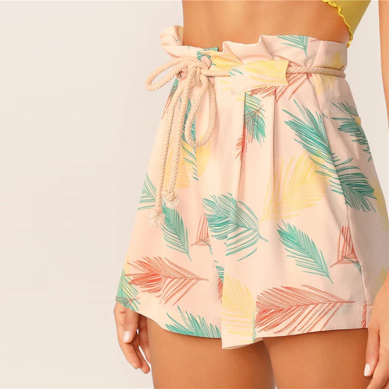 Women Leaves Print Paperbag Waist Shorts - Image 4