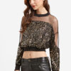 Women Long Sleeve Round Neck Sheer Crop Top