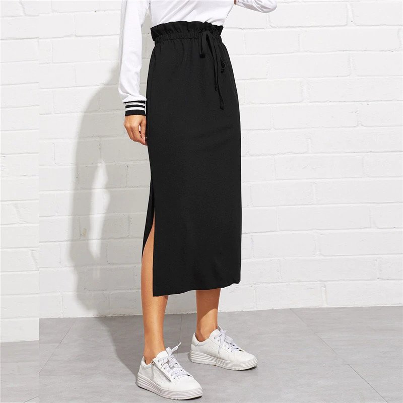 Women Maxi Skirt High Waist Belted Split Hem Midi Skirt