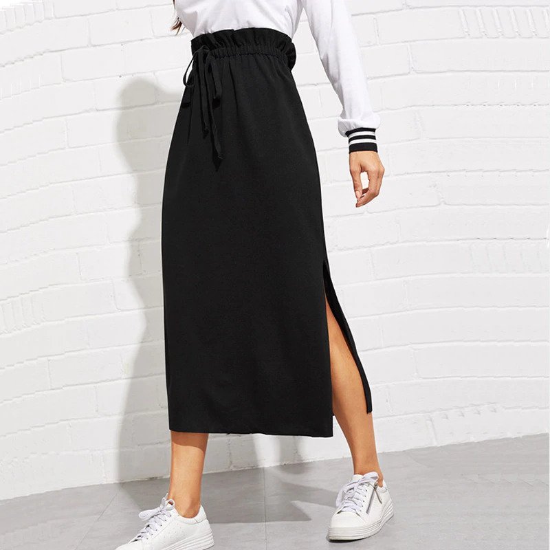 Women Maxi Skirt High Waist Belted Split Hem Midi Skirt - Image 3