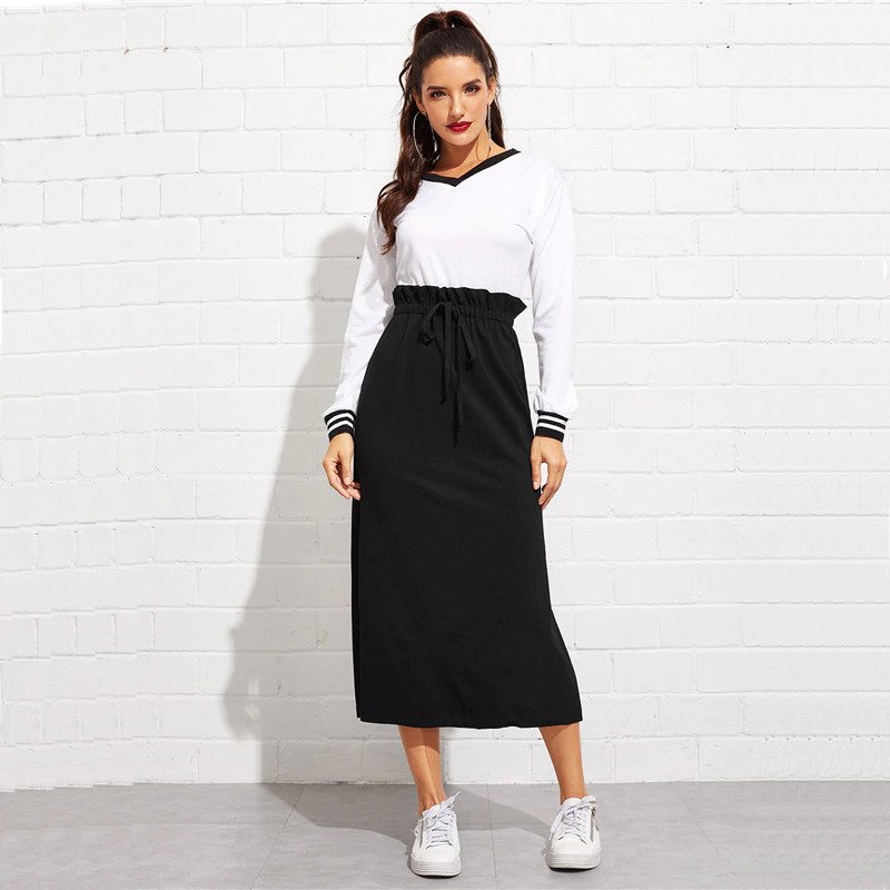 Women Maxi Skirt High Waist Belted Split Hem Midi Skirt - Image 4