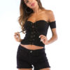 Women Off Shoulder Lace Up Short Sleeve Knitted Crop Top - Image 2