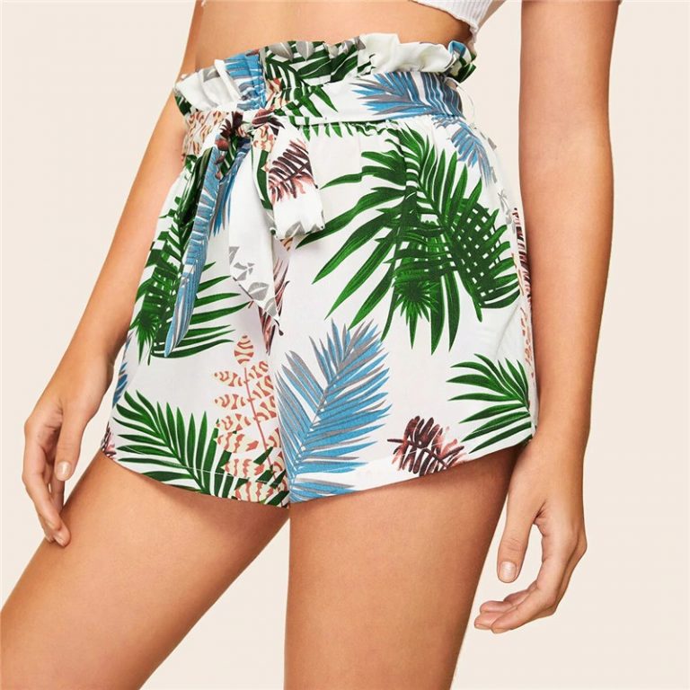 Women Paper bag Waist Tropical Print Shorts