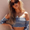 Women Plaid Off The Shoulder Short Sleeve Crop Top