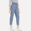Women Plain Pocket Zipper Elastic Waist Casual Pants Trousers