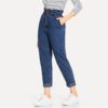 Women Plain Pocket Zipper Elastic Waist Casual Pants Trousers - Image 11