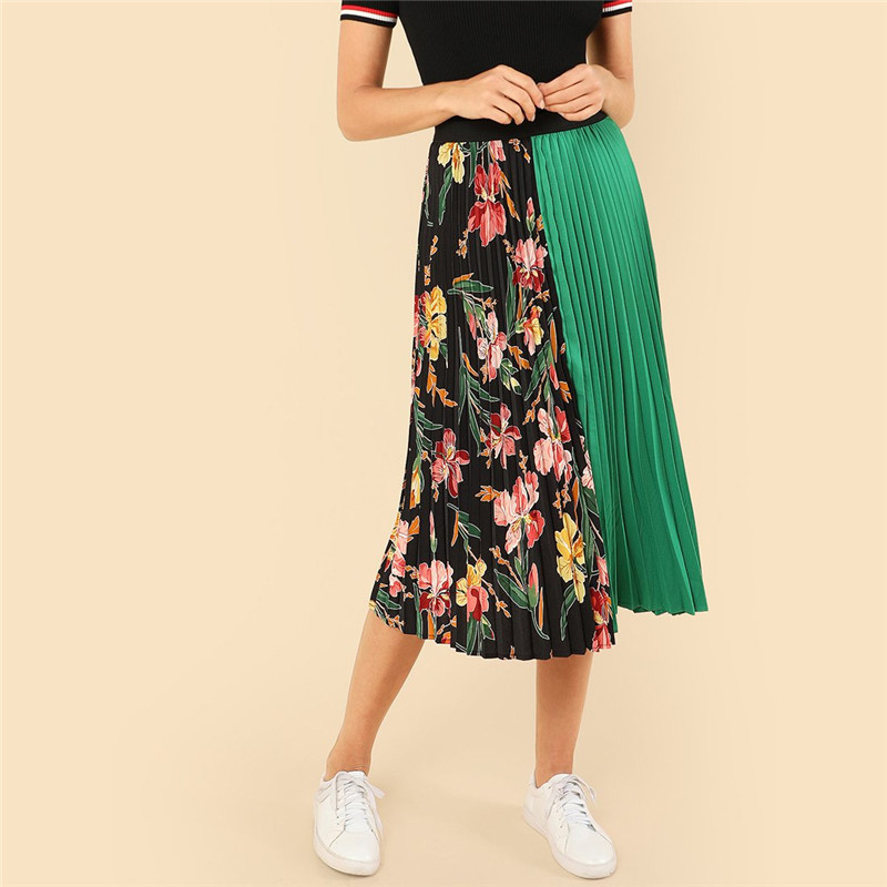 Women Pleated Fashion Polyester Clothing Elastic Waist Skirt