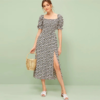 Women Ruffle Trim Boho Square Neck Floral Shirred Dress
