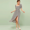 Women Ruffle Trim Boho Square Neck Floral Shirred Dress - Image 3