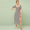 Women Ruffle Trim Boho Square Neck Floral Shirred Dress - Image 4