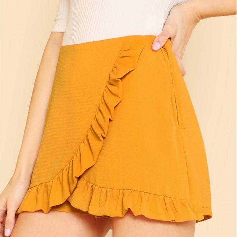 Women Ruffle Trim Overlap Skort Vacation Mid Waist Zipper Fly Shorts