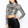 Women Sexy Sequin Long Sleeve Glitter Crop Top