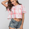 Women Short Sleeve Checkered Print Crop Top
