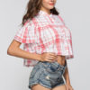 Women Short Sleeve Checkered Print Crop Top - Image 2