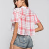 Women Short Sleeve Checkered Print Crop Top - Image 3