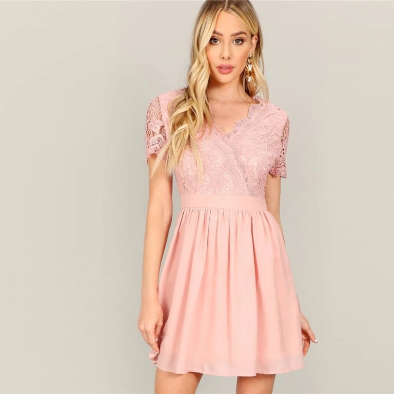 Women Short Sleeve Lace Bodice V Neck Office Lady Short Dress