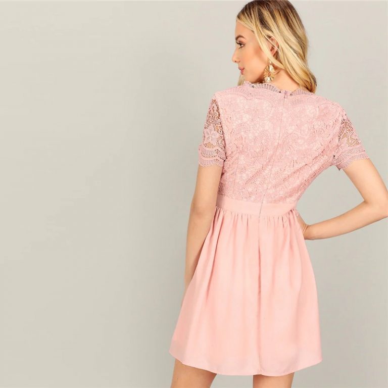 Women Short Sleeve Lace Bodice V Neck Office Lady Short Dress - Image 2