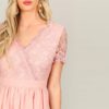 Women Short Sleeve Lace Bodice V Neck Office Lady Short Dress - Image 5