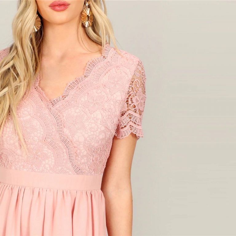 Women Short Sleeve Lace Bodice V Neck Office Lady Short Dress - Image 5