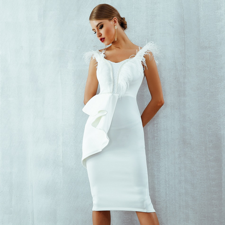 Women Short Sleeve Sexy Feather Pearl Evening Club Dress - Image 2