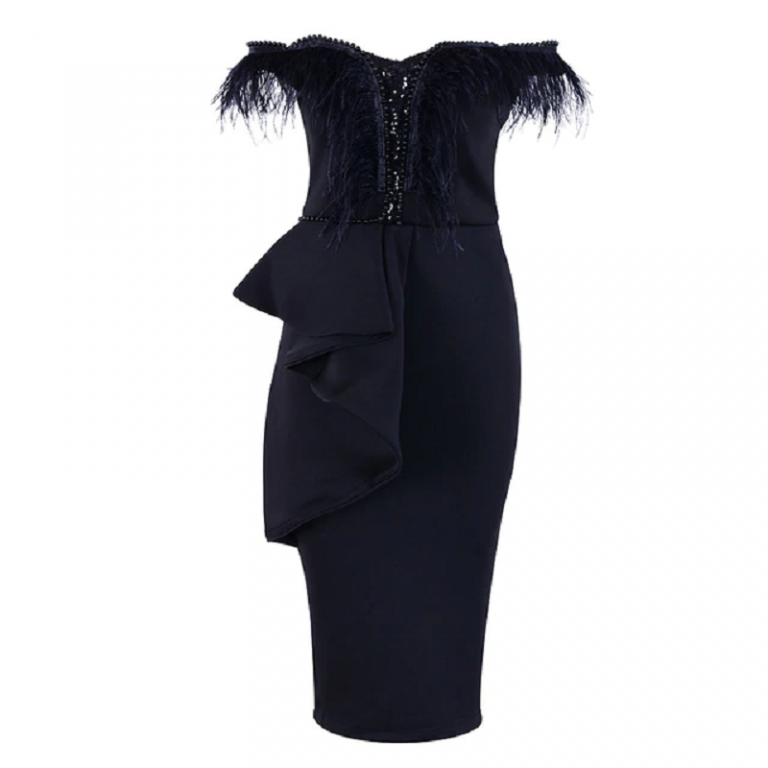 Women Short Sleeve Sexy Feather Pearl Evening Club Dress - Image 7