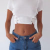 Women Short Sleeve Stand Collar Lace Up Crop Top